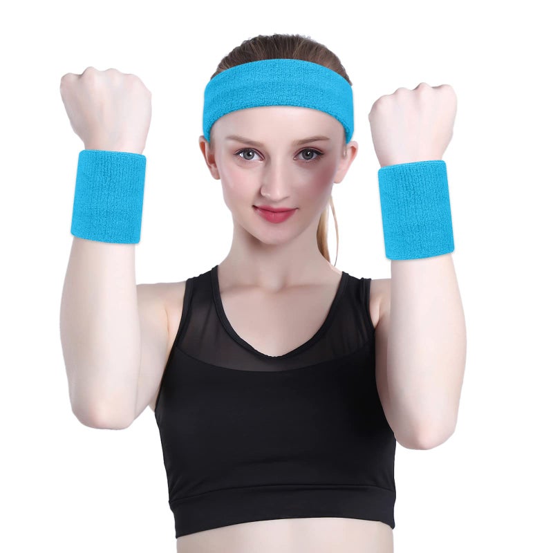 ONUPGO Sweatband Set Sports Headband Wrist Striped Sweatbands Terry Cloth Wristband Athletic Exercise Basketball Wrist Sweatband and Headbands Moisture Wicking Sweat Absorbing Head Band Neon Blue - Image 5